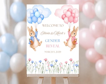 Peter Rabbit Gender Reveal Welcome Sign, He or She Baby Shower Decor, Pink and Blue Balloon Party Sign, Boy or Girl Gender Reveal Poster