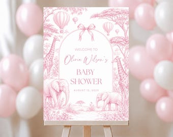Pink Toile Safari Baby Shower Welcome sign, Safari Animal Baby Girl Shower Welcome banner Pink Safari Toile de Jouy Baby Shower