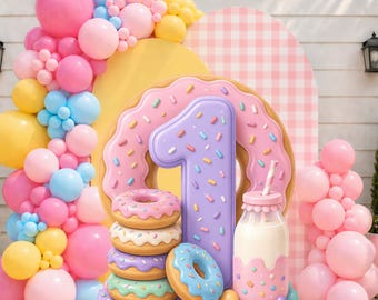 Donut Grow Up Birthday Big Decor Cutout PNG, Donut First Birthday Standee, Pastel Sprinkle Donut Milk Bottle Party Decor