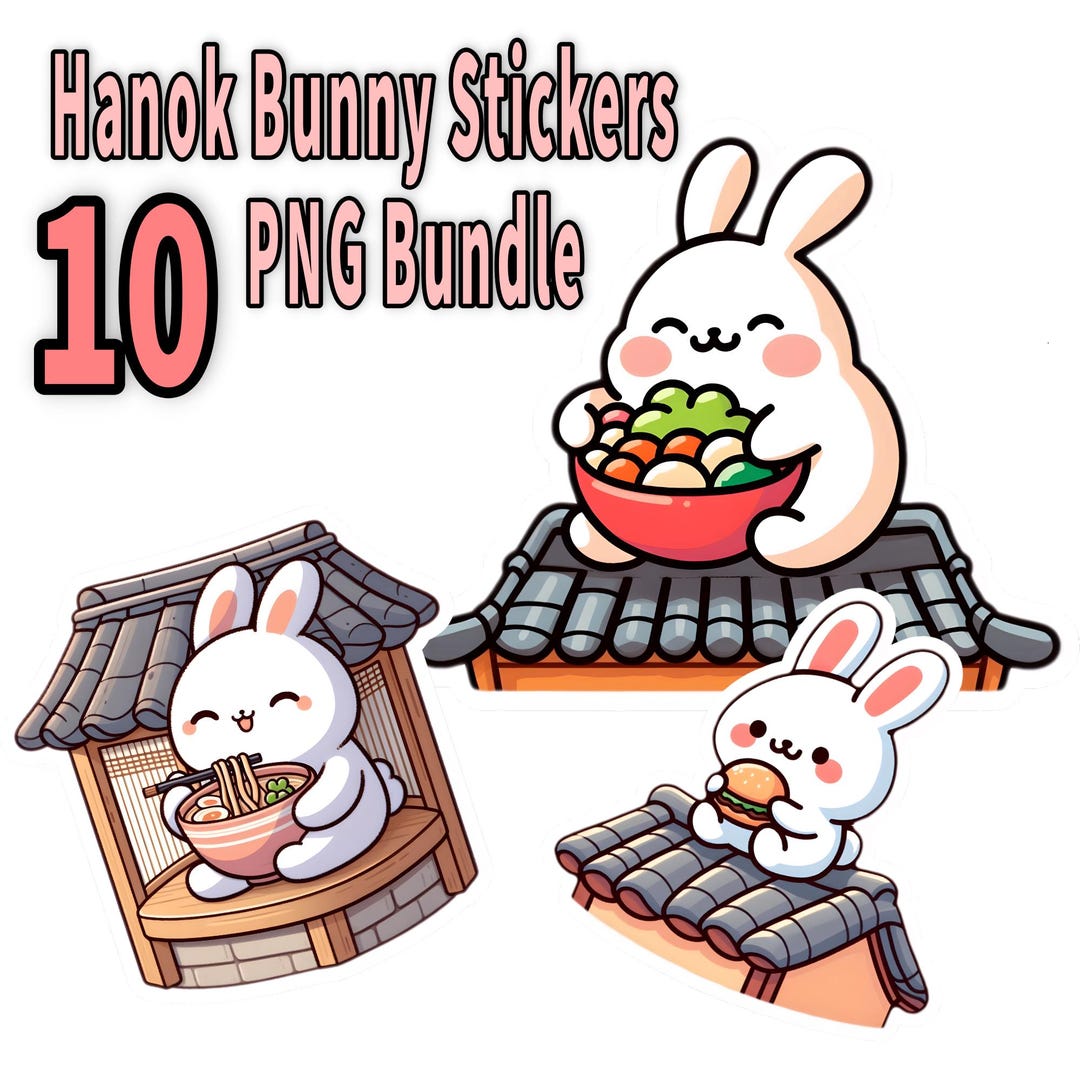 Korean Rabbit Sticker Kawaii Bunny Stickers, Hanok Clipart PNG Bundle, Cute Planner Stickers ...