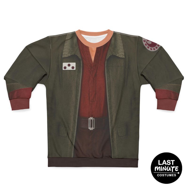 May include: A long-sleeved sweatshirt featuring a costume design. The design includes a dark green jacket, a red shirt, and brown pants, with a belt detail. The cuffs and collar are a contrasting color. The sweatshirt has a logo in the bottom right corner.