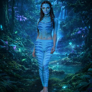 May include: A person in a light blue costume with a striped pattern, reminiscent of the Avatar movie. The costume includes a top and leggings, with body paint and a dark choker. The background features a lush, glowing forest with a waterfall.