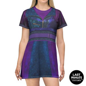 May include: A purple and blue dress with a faux leather jacket design. The dress features a zipper detail, a belt, and the text "LAST MINUTE COSTUMES" in a black circle. The dress has short sleeves and a scoop neckline.