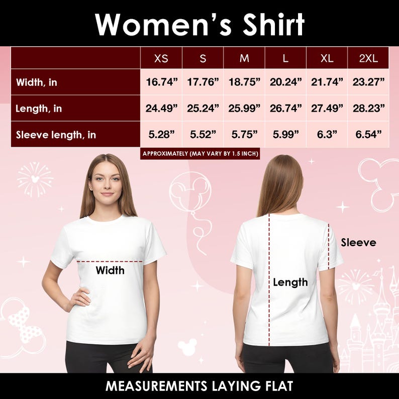 May include: White t-shirt with size chart and measurements in inches. The chart displays width, length, and sleeve length for sizes XS to 2XL. The text "Women's Shirt" is at the top.