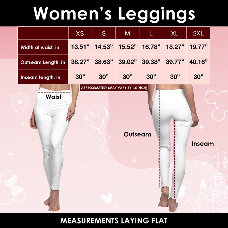 May include: White leggings with a size chart showing measurements in inches for XS to 2XL. The chart includes waist width, outseam length, and inseam length. The text "Women's Leggings" and "Measurements Laying Flat" are also visible.