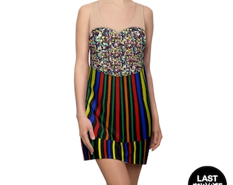 Columbia Dress, Twinkling Colorful Cosplay, Printed Glittering, Dazzling Halloween Costume, Retro Broadway Musical Film, Horror Movie Outfit