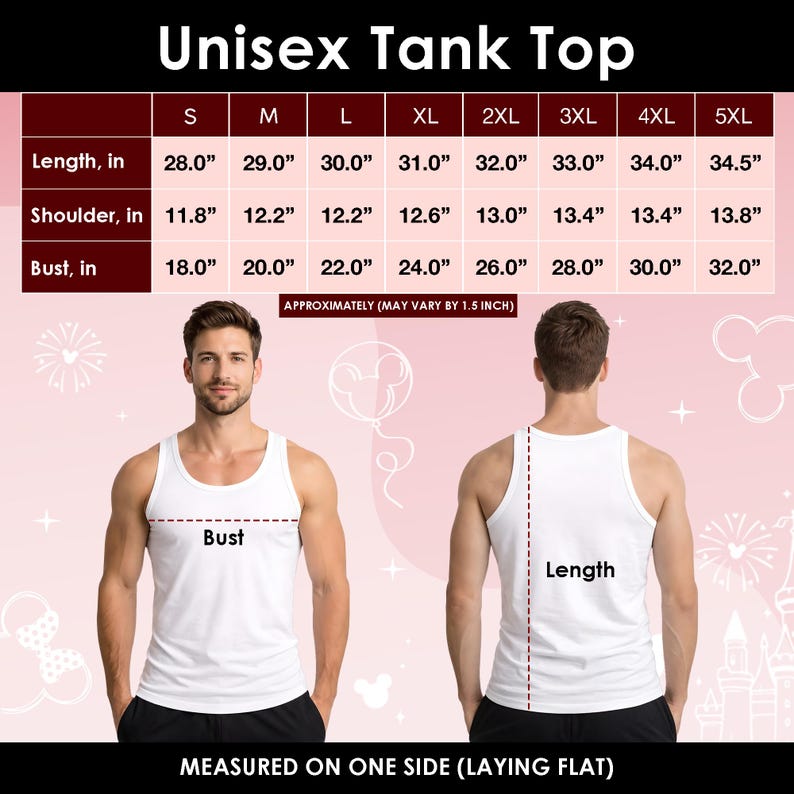 May include: White unisex tank top with size chart. The chart shows measurements for length, shoulder, and bust in inches, ranging from size S to 5XL. The text "Unisex Tank Top" is at the top of the image.