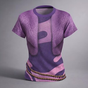 May include: Purple t-shirt with a faux fur collar design. The shirt features a layered design with a gold beaded chain detail at the bottom. The shirt has a round neckline and short sleeves. The design includes shades of purple and pink.