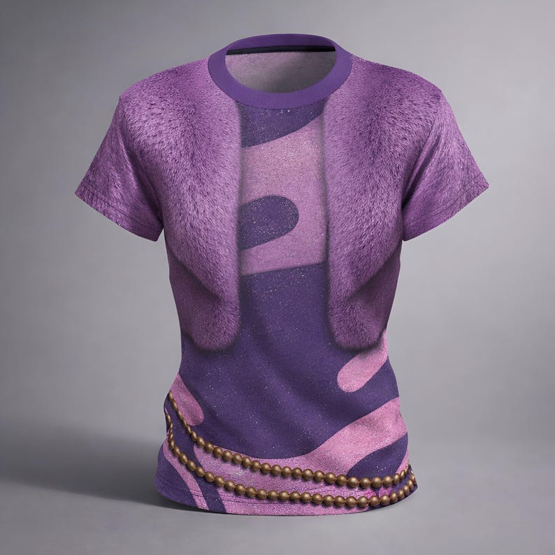 May include: Purple t-shirt with a faux fur collar design. The shirt features a layered design with a gold beaded chain detail at the bottom. The shirt has a round neckline and short sleeves. The design includes shades of purple and pink.