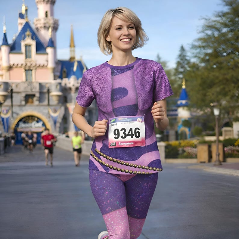 May include: A runner in a purple outfit with a matching top and leggings, and a race bib displaying the number "9346". The background features a castle and other people running. The outfit has a unique design.