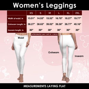 Puede incluir: Imagen que muestra leggings blancos con una tabla de tallas. La tabla muestra las medidas para las tallas XS a 2XL, incluyendo el ancho de la cintura, la longitud de la costura exterior y la longitud de la entrepierna en cm. El texto "Women's Leggings" est&aacute; en la parte superior.