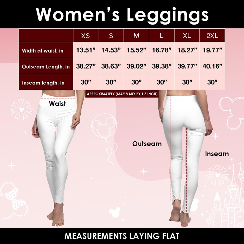Puede incluir: Imagen que muestra leggings blancos con una tabla de tallas. La tabla muestra las medidas para las tallas XS a 2XL, incluyendo el ancho de la cintura, la longitud de la costura exterior y la longitud de la entrepierna en cm. El texto "Women's Leggings" est&aacute; en la parte superior.