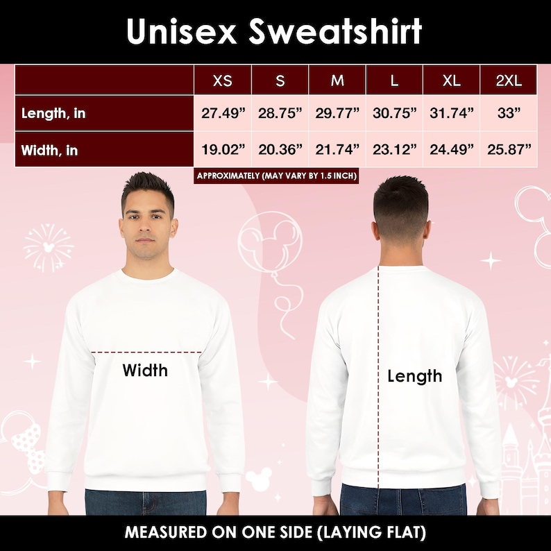 May include: White unisex sweatshirt with size chart. The chart shows length and width measurements in inches for sizes XS to 2XL. The text "Unisex Sweatshirt" is at the top. The image shows a person wearing the sweatshirt.