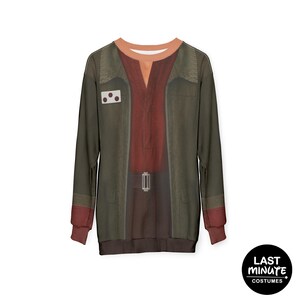 May include: A long-sleeved sweatshirt featuring a costume design. The design includes a dark green jacket, a red shirt, and a brown belt. The sleeves have red cuffs. The sweatshirt has a white patch with three black dots. The logo "LAST MINUTE COSTUMES" is in the bottom right corner.