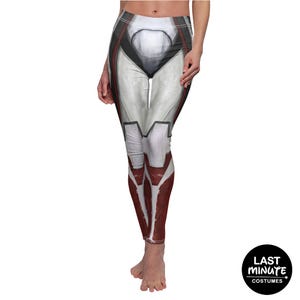 May include: White, gray, and maroon leggings with a futuristic design. The leggings feature a detailed pattern resembling armor or a spacesuit, with dark gray and red accents. The design covers the entire length of the leggings. The image includes a circular logo that says "LAST MINUTE COSTUMES".
