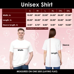 May include: White unisex t-shirts with size measurements in inches. The chart shows width, length, and sleeve length for sizes S to 3XL. The text "Unisex Shirt" is at the top. The shirts are measured on one side while laying flat.