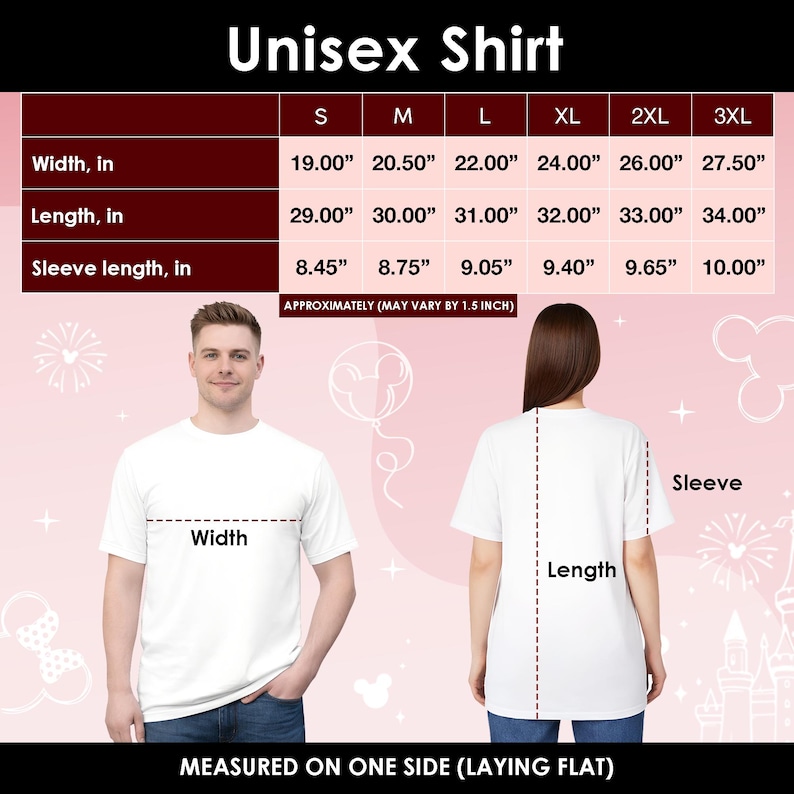 May include: White unisex t-shirts with size measurements in inches. The chart shows width, length, and sleeve length for sizes S to 3XL. The text "Unisex Shirt" is at the top. The shirts are measured on one side while laying flat.