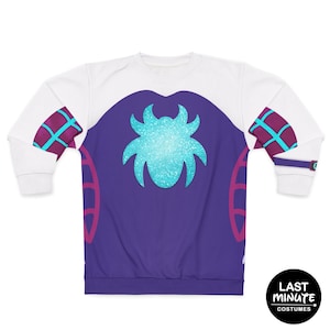 May include: White long-sleeved sweatshirt with a purple and teal spider design on the front. The sleeves have teal and purple accents. The sweatshirt has a crew neck and a ribbed hem. The "Last Minute Costumes" logo is in the bottom right corner.
