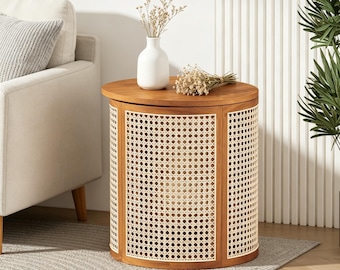 Mesita auxiliar redonda de 40 cm (15,70") hecha a mano, mesa auxiliar de ratán tejido hueco, mesita de noche de madera de caucho, elegante escritorio de té color ocre para decoración del hogar, fácil montaje.