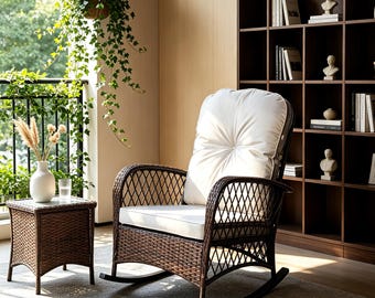 Handcrafted Outdoor Wicker Rocking Chair Wide Seat Thick Soft Grey Cushion Steel Frame Rattan Rocker Capacity Suitable Patio Garden Backyard