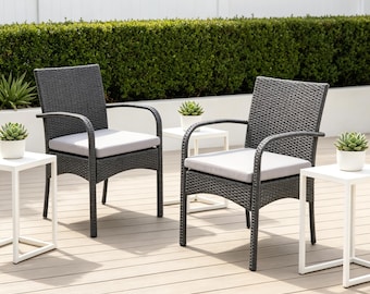 Handmade Outdoor Wicker Dining Chairs Set of 2 | PE Rattan Patio Chairs with Cushions for Garden Balcony Poolside