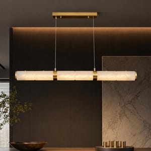 Long alabaster linear chandelier light fixture, suspended alabaster light for kitchen island and luxury interiors, LED marble pendant light