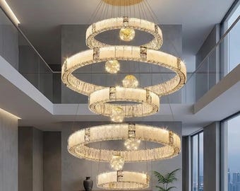Round Multi layered crystal lighting pendant, Statement glass crystal hanging chandelier, Pendant Light for High Ceilings, grand chandelier