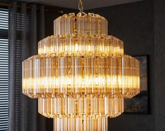 Gelaagde kristallen kroonluchter Art glasverlichting, Franse stijl geïnspireerde gouden kroonluchter voor lounge, villa, thuis, high-end verlichting