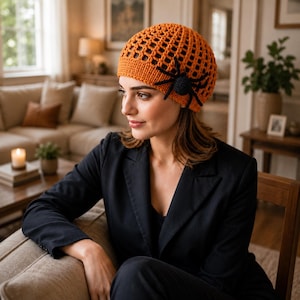 Può includere: Un berretto all'uncinetto color arancione brillante caratterizzato da un motivo a griglia a maglia aperta e da una vistosa applicazione a forma di ragno nero fissata sul lato. Il cappello è realizzato in filato testurizzato con bordo pieno.