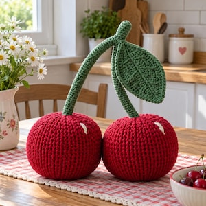May include: A pair of large, round, red crocheted cherries joined by a single green crocheted stem. A textured green crocheted leaf is attached to the stem. Each cherry features a small white stitched highlight on its upper surface.
