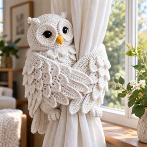 May include: A cream-colored crocheted owl curtain tieback featuring large dark eyes with gold accents and a yellow beak. The owl has textured, layered wing details that wrap around a white fabric curtain, holding it in place with its feet.