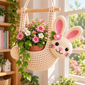 Può includere: Un portavasi sospeso all'uncinetto color crema a forma di coniglio con orecchie lunghe, accenti rosa e un piccolo dettaglio floreale. Il supporto contiene un vaso in terracotta con una pianta dai fiori rosa e bianchi e foglie verdi.