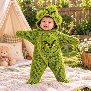 May include: A green crocheted baby onesie featuring a hood with fuzzy trim and a character face with yellow eyes and a wide grin. The garment has long sleeves, footed bottoms, and a diagonal front closure secured with four matching green buttons.