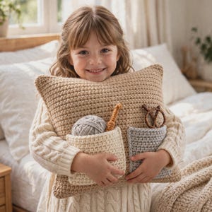 May include: A square beige crochet pillow featuring two attached pockets. The left pocket contains a ball of gray yarn and a brown crochet hook, while the right pocket holds a dark brown circular wooden knitting tool.