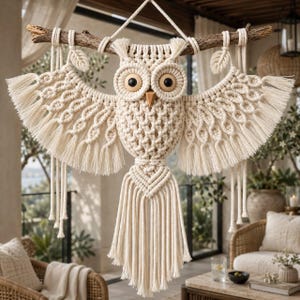 May include: A cream-colored macrame wall hanging shaped like an owl, suspended from a natural wooden branch. The owl features two large circular eyes with black centers, a triangular beak, and intricate knotted wings with long fringe.