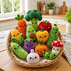 Puede incluir: Una colección de verduras y frutas de peluche tejidas a ganchillo en una cesta de mimbre, que incluye una zanahoria, brócoli, aguacate, tomate, maíz, pimiento, pepino, berenjena, cebolla, ajo, champiñón y una vaina de guisantes con caras sonrientes.