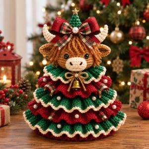 May include: A crocheted Highland cow figurine shaped like a Christmas tree. The cow has brown yarn hair, horns, and a red plaid bow. The body is a tiered, ruffled green and red crochet skirt decorated with white pearl beads and a gold bell.