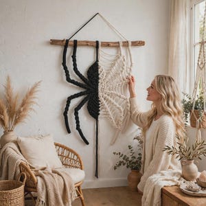 May include: A macrame wall hanging featuring a split design of a spider. The left side is crafted from black cord, while the right side is made from off-white cord. The piece is suspended from a horizontal wooden branch with a cord hanger.