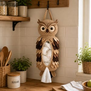 May include: A crocheted owl-shaped plastic bag dispenser in shades of tan, brown, and dark brown. The owl features large round eyes, layered feather-like wings, and a central opening that holds white plastic bags, which dispense from the bottom.