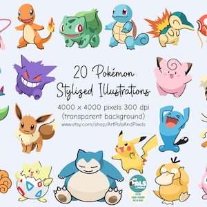 Stilisierte Pokemon Clipart Bundle Set: Transparente Bilddateien, Pikachu, süße Cliparts, PNG Dateien (Digitaler Download)