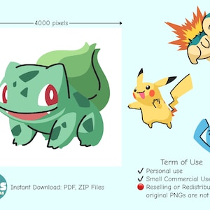 May include: Digital art featuring Bulbasaur, Pikachu, Cyndaquil, and Wobbuffet. Bulbasaur is green with red eyes. Pikachu is yellow with black-tipped ears. Cyndaquil has flames on its back. Wobbuffet is blue. The image includes text about personal and small commercial use.