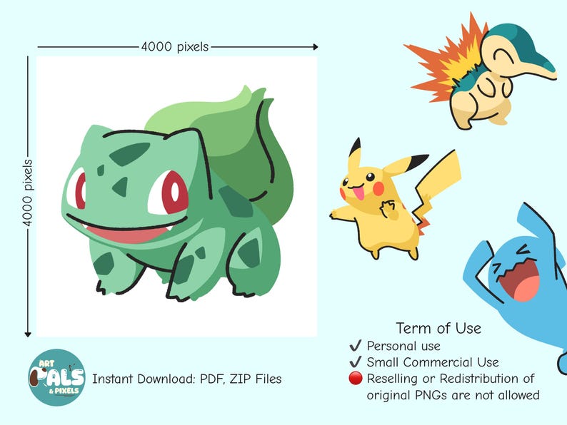 May include: Digital art featuring Bulbasaur, Pikachu, Cyndaquil, and Wobbuffet. Bulbasaur is green with red eyes. Pikachu is yellow with black-tipped ears. Cyndaquil has flames on its back. Wobbuffet is blue. The image includes text about personal and small commercial use.