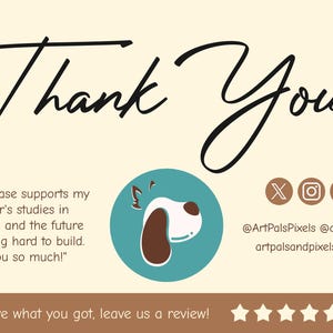 May include: A cream-colored graphic with the words "Thank You" in elegant script, a red heart, and a dog illustration. Text includes a thank you message and social media handles. A brown banner at the bottom encourages reviews.