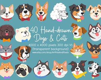 Pets Clipart Bundle Set: Transparent Image Files, Cute Dogs & Cats, PNG Files (Digital Download)