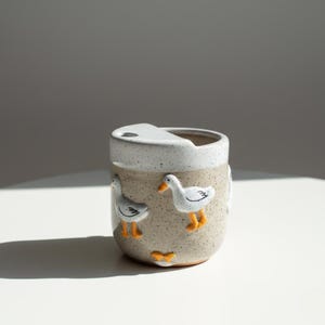 Hand-Painted Ceramic Goose Travel Mug with Lid, Handmade Pottery Coffee Cup