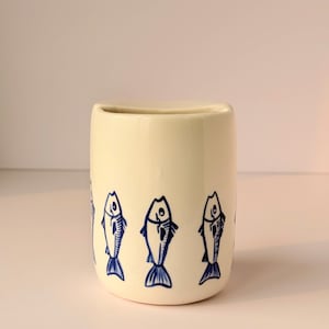 Handmade Ceramic Fish Travel Mug, Blue or Red Pottery Cup, Reusable Coffee Cup