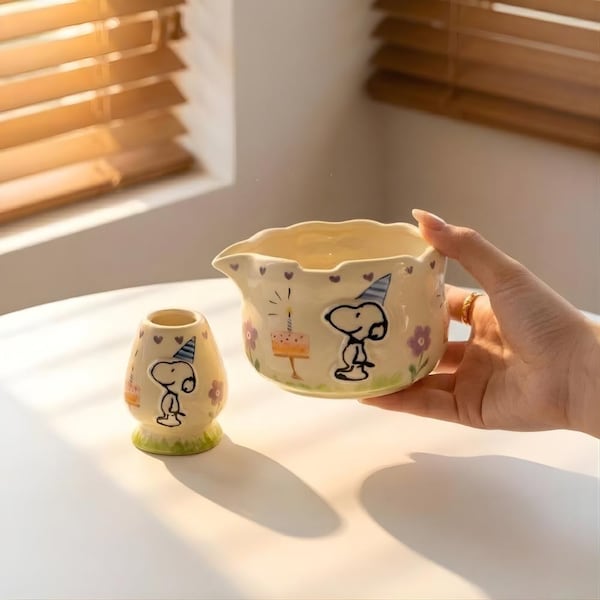 Handgjord Valp Keramik Matcha Skål Set – Födelsedagstetillbehör