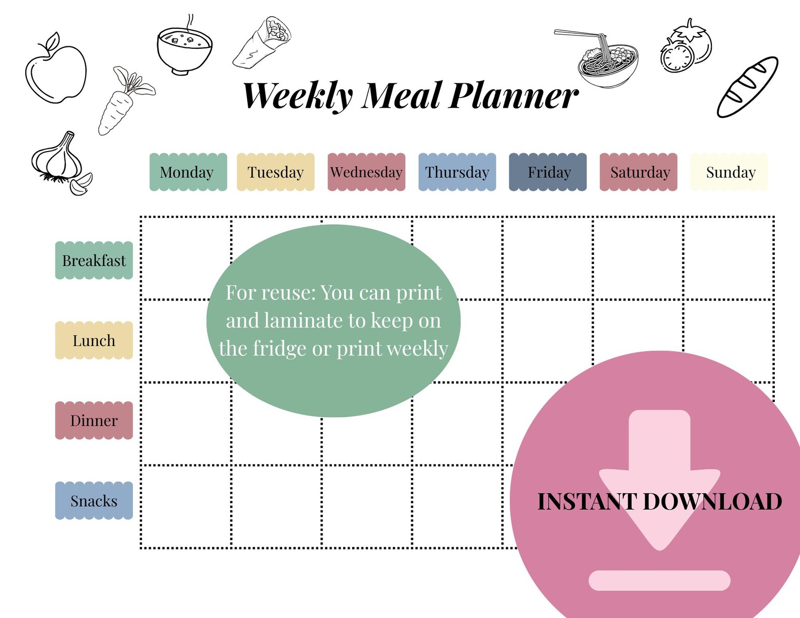 Weekly Meal Planner Printable PDF | Family Meal Organizer - Etsy