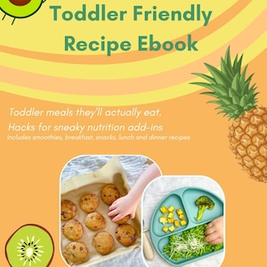 May include: An orange ebook cover with the title "Toddler Friendly Recipe Ebook". The cover includes illustrations of an avocado, kiwi, and pineapple. The ebook promises toddler-friendly recipes, quick and easy meals, and tips for peaceful mealtimes.