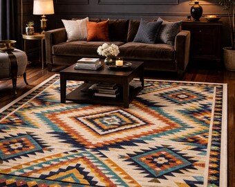 Southwestern Tribal Wool Rug, Handmade Geometric Area Carpet
